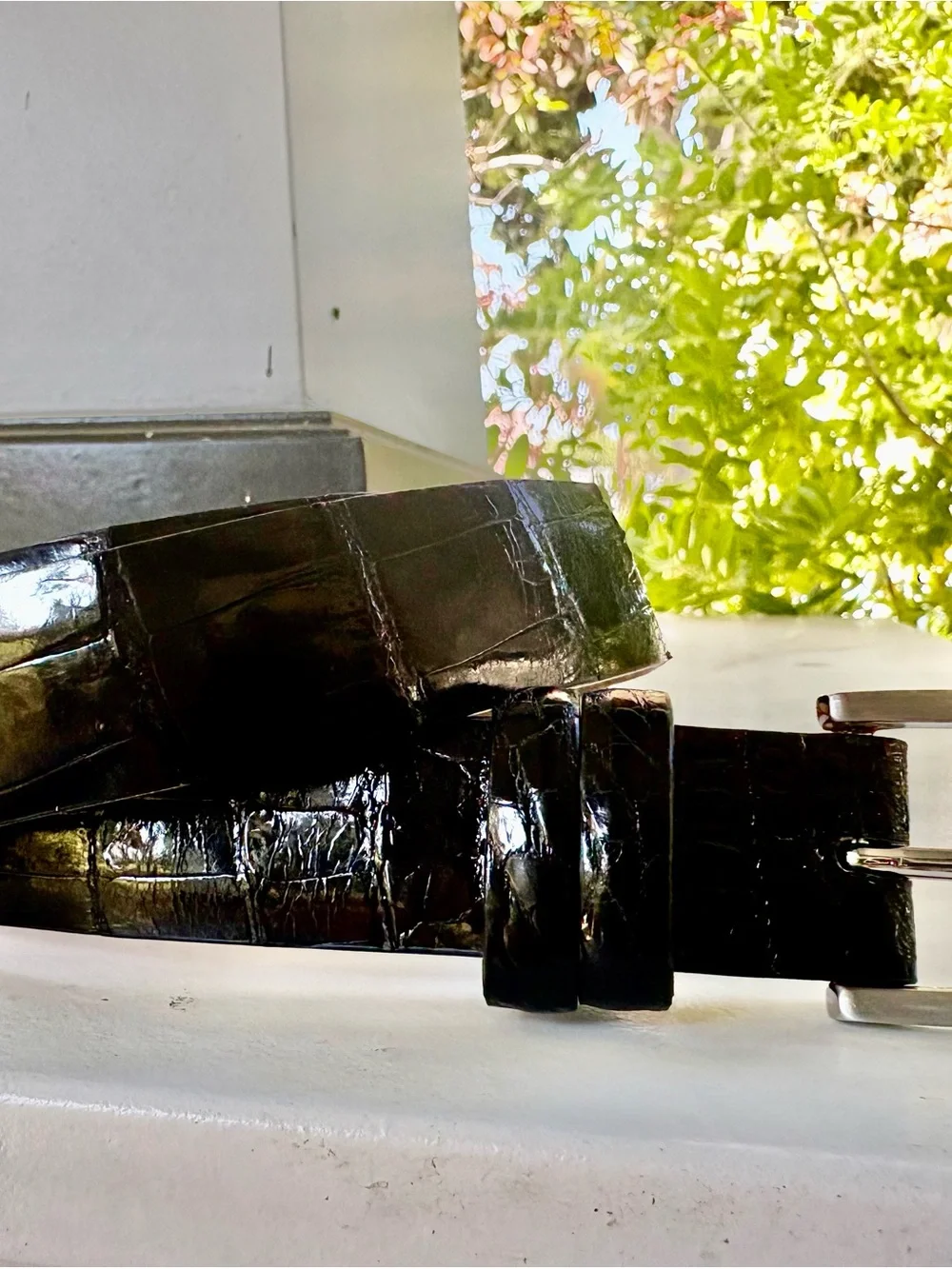 Black Genuine Alligator Belt with Polished Silver Buckle